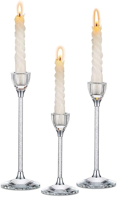 Nuptio Set of 3 Crystal Candle Holders for Taper Candles, Decorative Candlestick Holder for Wedding Dinning Party, Fits Standard Sized Taper Candle, Birthday Gifts for Her