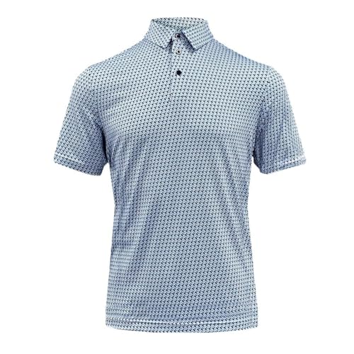 Image of Island Green Men's IGTS2402 All Over Geo Print Golf Polo Breathable Moisture Wicking Quick Dry Stretch Short Sleeve Polo Shirt, IGTS2402 - Blue, M