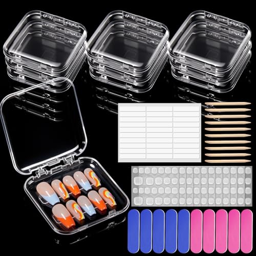 modelones 10pcs Press On Nail Storage Case Clear Acrylic Fake Nails Packaging Box with 30pcs Adhesive Double Sided Tape & 10pcs Nail Tool Kits Nail Supplies Container Transparent for Nail Salon DIY