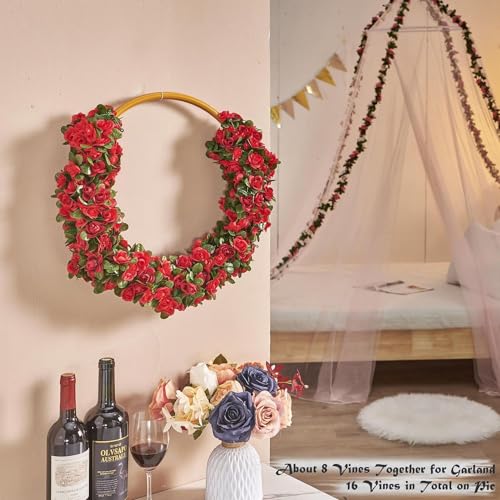 Weldomcor Pack of 5 Artificial Red Garland 2.45 Metres Flower Garland Roses Vines Silk Flowers Outdoor Hanging Artificial Flowers Decoration for Wedding Arch Bedroom Wall Backdrop Garden Decoration - Image 2