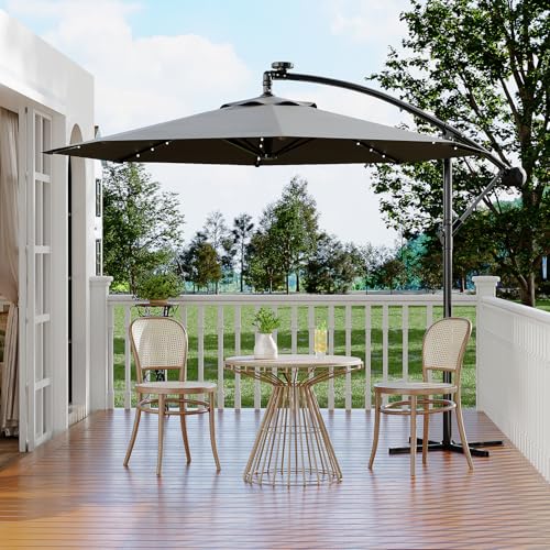 Garvee 10ft Solar Lights Offset Patio Umbrella, Cantilever Umbrella with Easy Lift & Tilt Adjustment, 8 Ribs Sun umbrella UV Protection for Backyard, Pool, Garden - Gray