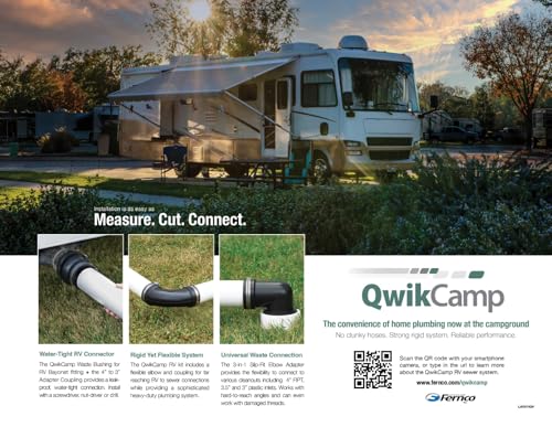Image of Fernco QwikCamp RV and Camper Sewer Waste Plumbing Connection System Kit with Slip Fit Coupling Adapter for 3-in. PVC Pipe and Pipe Stands (Black)