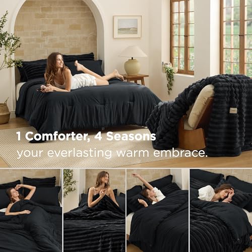 Image of Bedsure Gentlesoft 2-in-1 Queen Comforter Set and Detachable Fluffy Blanket, Black Bedding Set for All Season Use, Detachable Design for Space Saving (Includes 2 Pillow Shams, 2 Pillowcases)