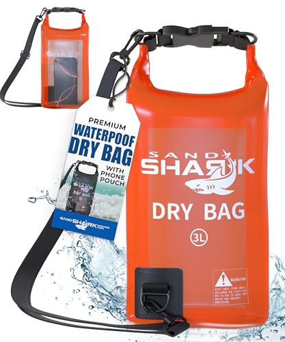 Bolsa seca impermeable SandShark 3L - Bolsa de playa con funda transparente para teléfono, saco enrollable para bote, rafting, senderismo, camping, pesca - esenciales de viaje, accesorios para kayak y bote (3L)