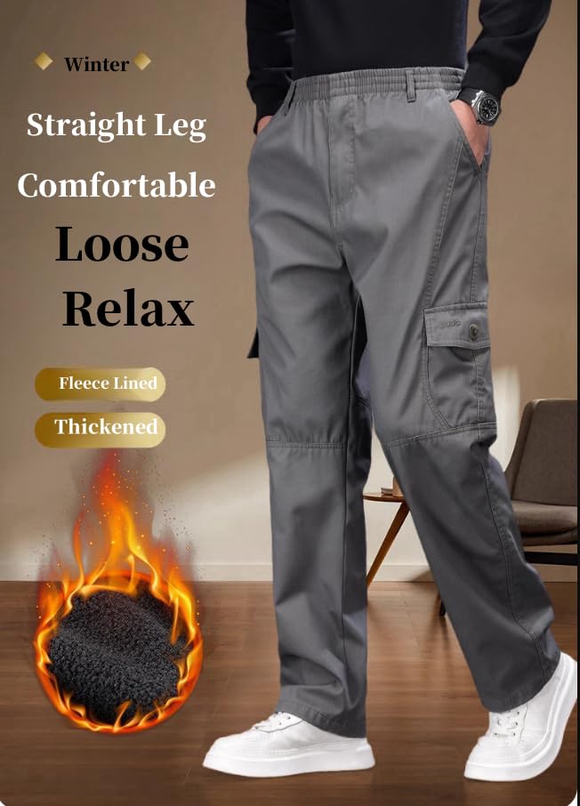 Men's Fleece Lined Cargo Pants Elastic Waist Winter Warm Pants2
