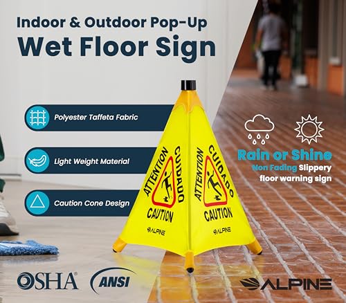 Image of Alpine Caution Wet Floor Sign 3 Pack - Pop Up Slippery When Wet Sign, Wall Mounted Foldable Bilingual Yellow Safety Warning Caution Cone for Commercial & Office Use (20 Inches)