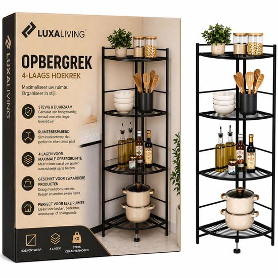Eckregal 4 Einlegeböden – Metall Eckregal 123 cm hoch – Platzsparendes Regal für Küche, Bad oder Wohnzimmer – Schwarz