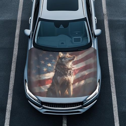 Image of American Flag Wolf Car Hood Cover All Weather Automotive Exterior Accessories Universal Fit Hood Covers for Cars, Trucks, SUV, or Van Full Coverage with Elastic Band