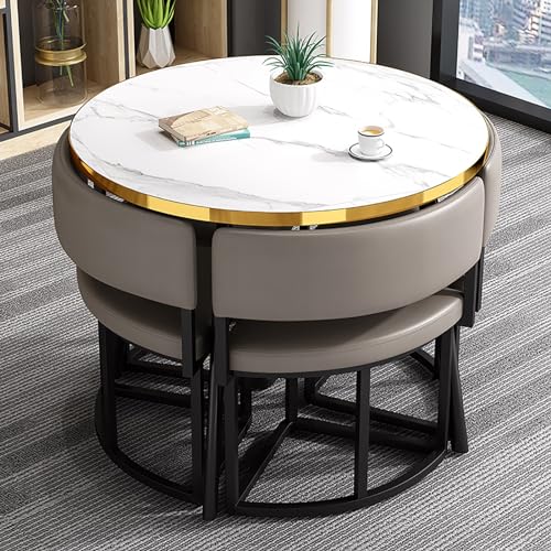 Juego de Mesa de Comedor Redonda con 4 sillas de Piel sintética: Mueble de Cocina de 5 Piezas Que Ahorra Espacio para casa, apartamento y salón, 90 cm (Gris)