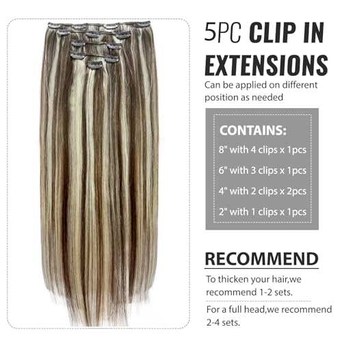 Image of Belaved Human Hair Clip in Extensions Brown Mix Blonde Balayage Ombre 22 Inch Real Human Hair Thick Straight Double Weft Blonde Clip on 5PCS 70 Gram