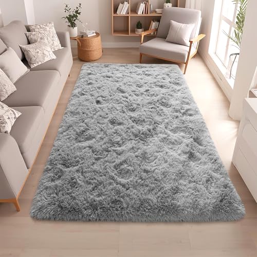 Grey Rugs for Bedroom 4x5.9 ft - Ultra Soft Faux Fur Area Rug - Plush Non-Slip Shaggy Carpet for Living Room, Cozy Fluffy Rug for Kids Boys Girls Dorm Nursery Room, High Pile Floor Carpet