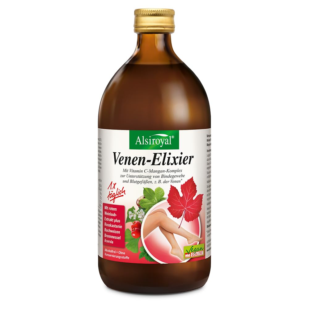 Alsiroyal Venen-Elixier – 22% Agavendicksaft - Rotes Weinlaub‐Extrakt, Vitamin C, Mangan & Magnesium – Unterstützt gesunde Venen, Bindegewebe & Durchblutung – Nahrungsergänzung