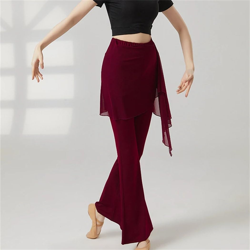Women's Latin Dance Pants Long Micro Flared Trousers with Mesh Wrap Skirt Classical Stage Practice Wear for Line Dancing