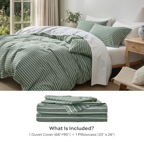 Image of JELLYMONI 100% Washed Cotton Forest Green Striped Duvet Cover Set Twin
