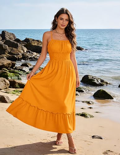 Image of GRACE KARIN Women's Summer Maxi Dress 2026,Smocked Ruched Bust Sundress with Adjustable Straps & Pockets-Beach Vacation Dress