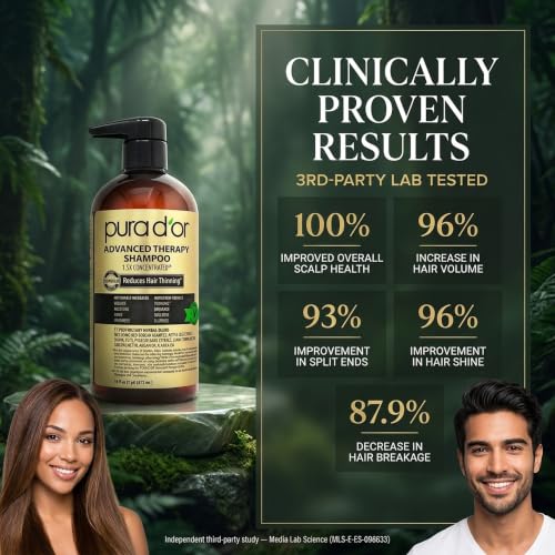 Image of PURA D'OR Advanced Therapy Shampoo Reduces Hair Thinning & Increases Volume, No SLS, Biotin Shampoo Infused w /Argan Oil, Aloe Vera for All Hair Types, Men & Women, Invigorating Forest Scent 16 Fl Oz