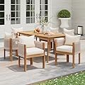 Christopher Knight Home Kclent Patio Acacia Wood Dining Set for 6 People, Outdoor Table & Chairs with Curved Rope Arm, Removable Cushions, 7 Piece Patio Dinner Set for Backyard Deck, Teak+ Beige