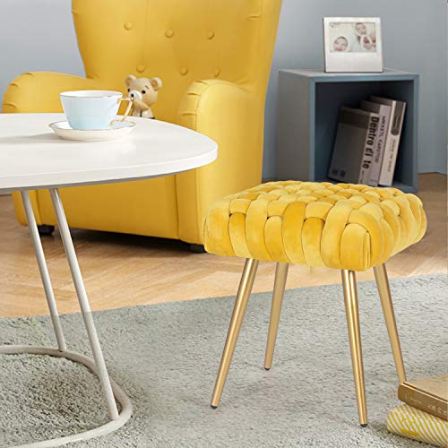 Decent Home Velvet Ottoman Footrest Stool,Tufted Fabric Upholstery Side Table Seat, Vanity Dressing Bench,Knit Lines Chair With Metal Legs For Living Room, Bedroom (Yellow) #TOP6