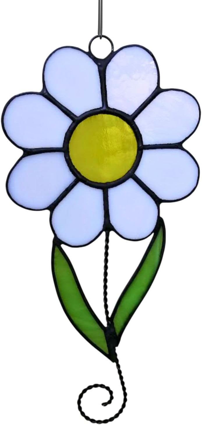 Daisy on Stem with Leaves Stained Glass Suncatcher Window Hanging or Wall Decor, Unique Boho Flower Ornament, Handcrafted Botanical Art Decoration Home Office Dorm, Floral Sun Catcher