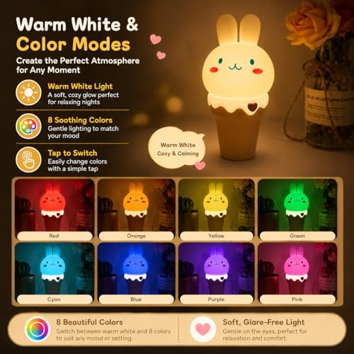 Image of LOHAS Bunny Ice Cream Cute Night Lights, 7 Colors Kawaii Desk Decor, Pat Control and Rechargeable Base, Funny Gift, Bedroom and Nursery Decor