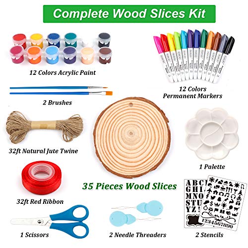 Wood Slices Kit, Shuttle Art 35 Pcs Unfinished Natural Wood Slices With Pre-Drilled Hole, Acrylic Paint, Permanent Markers, Jute Twine, Diy Craft For Kids Adults Holiday Decoration Christmas Ornaments #TOP2