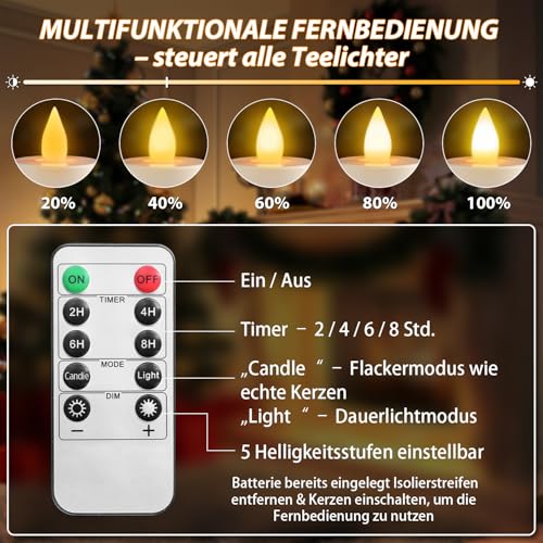 Lepwings 4 Stück LED Teelichter Wiederaufladbar mit Timer & Fernbedienung, Flackernde Elektrische Teelichter mit Ladestation, 18–95 Std Leuchtdauer, LED Kerzen für Valentinstag, Tischdeko & Party