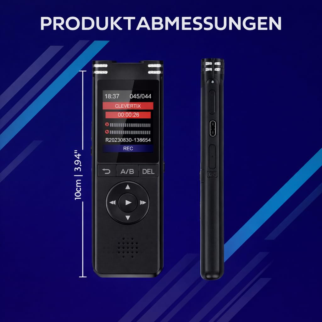 CleverTalk Diktiergerät Professionell 128GB – HD Audio PCM 1536kbps – Sprachaktivierung – Doppelmikrofon Rauschunterdrückung – Aufnahmegerät USB-C für Vorlesungen, Meetings, Interviews