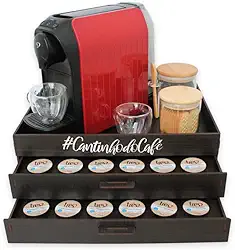 BOXFAN Bandeja porta cápsula 3 corações para cantinho do café com 2 gavetas, cor marrom tabaco, suporte para 48 cápsulas, bandeja organizadora e decorativa