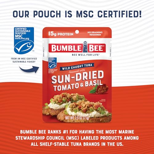 Image of Bumble Bee Sun-Dried Tomato & Basil Seasoned Tuna, 2.5 oz Pouch - Ready to Eat - Wild Caught Tuna Packet - 15g Protein per Serving - Gluten Free (Pack of 4)