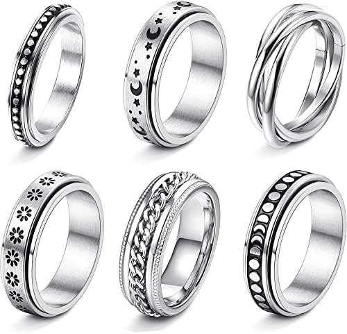 LOLIAS 6 Pcs Stainless Steel Spinner Rings for Women Mens Band Fidget Rings for Anxiety Stress Relieving Moon Star Flower Chain Link Spinner Anxiety Ring Set