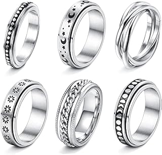 LOLIAS 6 Pcs Stainless Steel Spinner Rings for Women Mens Band Fidget Rings for Anxiety Stress Relieving Moon Star Flower Chain Link Spinner Anxiety Ring Set