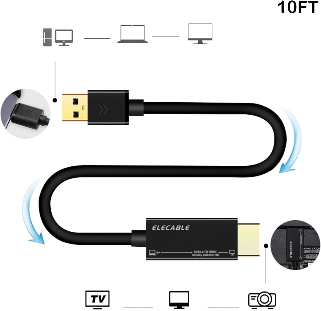 USB to HDMI Adapter Cable 15 FT for Mac OS Windows 11/10/8/7, USB 3.0 to HDMI Male HD 1080P Monitor Display Audio Video Converter Cord. (15FT)