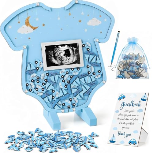 Image of Kosiz Blue Baby Shower Guest Book, Acrylic Guest Book Alternative with Wooden Cars and Boats for 60 Guests, Baby Shower Sign and Nursery Keepsake