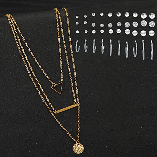 Layered Necklace and Silver Stud Earrings Set