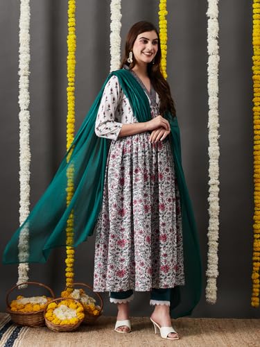 Image of GoSriKi Women's Cotton Blend Anarkali Printed Kurta with Pant & Dupatta