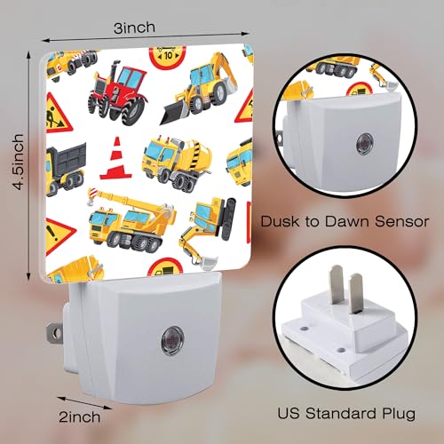 Image of Cartoon Construction Vehicles Building Machines Night Light for Kids,Colorful Trucks Cars and Road Signs Night Light Plug in with Dusk to Dawn Sensor,0.5w Energy Saving Nightlight for Home Decor