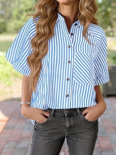 Image of Tankaneo Womens Short Puff Sleeve Button Down Shirts Striped Trendy Casual Loose Fit Blouse V Neck Collared Tops