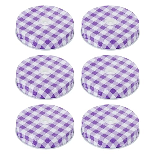 Image of HARFINGTON 6pcs Mason Jar Lids 2.76" Tinplate Regular Mouth Reusable Mason Canning Covers with Straw Hole for Storage Bottle Water Bottle and Jars, Purple Gingham