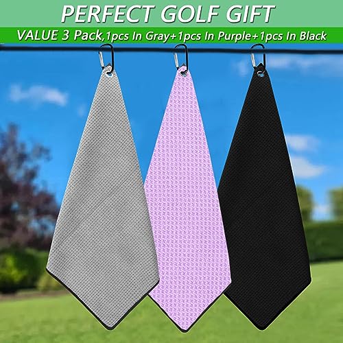 Finger Ten Golf Towel Microfiber Waffle Towels For Golf Bags For Men Women With Clip 15.7’’X15.7’’ Set In Gray Black Purple (Black&Gray&Purple, 15.7''X15.7'') #TOP5