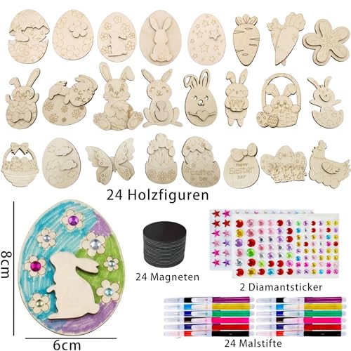 GoTilo Oster Bastelset Kinder aus Holz 24 Stück – Magnet Set zum Bemalen mit Malstiften, Osterdeko als Kühlschrankmagnet, Kreatives Basteln für Kindergarten & Familie