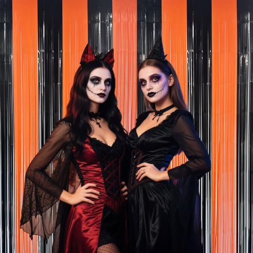 Image of Halloween Party Decorations Indoor, Black and Orange Halloween Backdrop Foil Fringe Tinsel Curtains Streamer for Photography - 2 Packs, 3.28 x 6.56ft