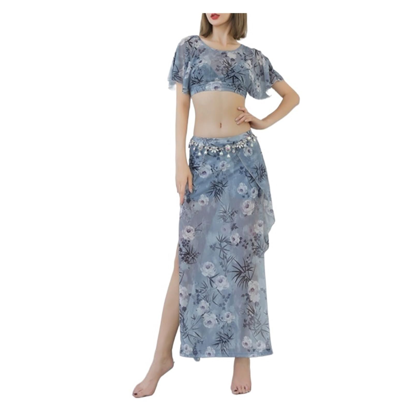 Bauchtanz-Trainingsanzug for Frauen, Druck-Outfit, Sommer-Damen, sexy Mesh-Tanzkostüm-Set