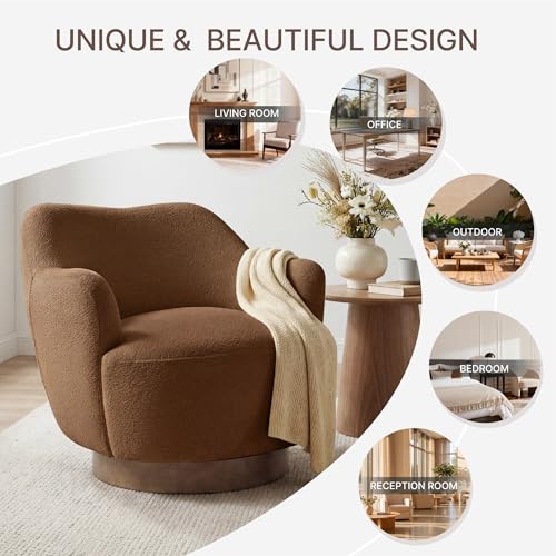 Image of KISLOT, Swivel Accent Chair, Modern Arm Chair with Wooden Base, Terracotta | Upholstered Barrel Chair with Curves Camel Back Design, Living Room Bedroom Reading