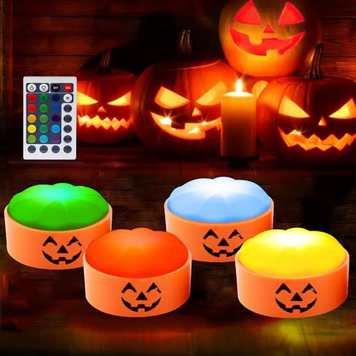 KUWUNG 4 PCS Halloween Kürbis LED mit Fernbedienung und Timer, Halloween Kürbis Lichter 16 Farben, Batteriebetriebene Orange Kürbis Lampe, Flammlose Kerzen für Kürbis Deko., 14.99 €