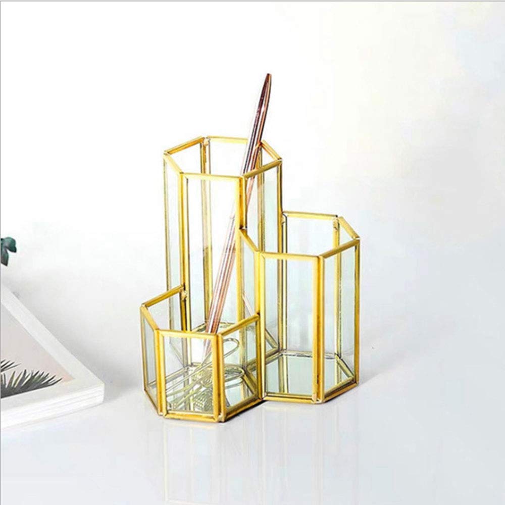 Tripla portapenne, oro esagonale Desk Tidy, metallo portapenne, portapenne, portapenne e pennelli da trucco per riporre in ordine