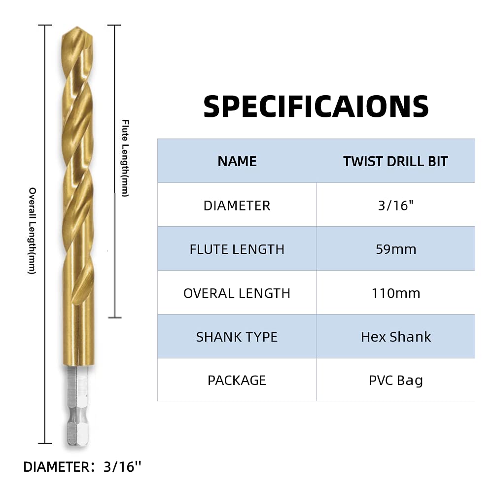 AresMro 3/16" Inch Titanium Twist Drill Bits(10Pcs), Hex Shank High Speed Steel Drill Bits，Premium 4341 Titanium Impact Hex Drill Bits for Wood, Steel, Metal, Plastic, Quick Change Design: Tools & Home Improvement