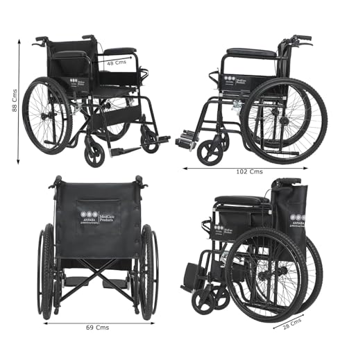 Image of Antara AGEasy (Max Group) Foldable Wheelchair for Old people, Adults & Patients | Extra Wide Seat, Spoke Wheels, Hand Brakes & Bottle Holder | Sturdy Frame, Lightweight, Adjustable Footrest and Seatbelt for Safety (WheelEasy Pro - Black)