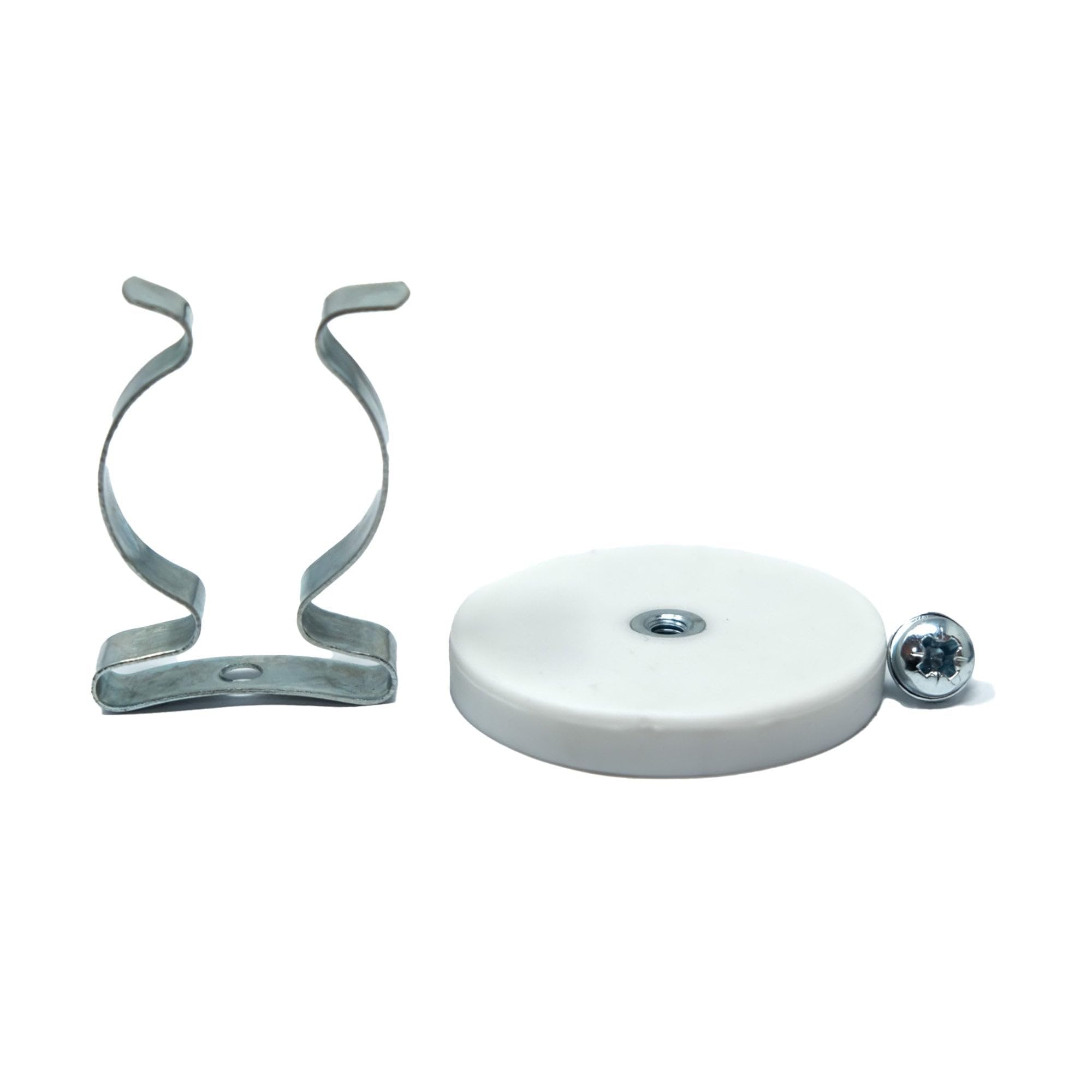 43 mm de diámetro x 6 mm de alto, recubierto de goma, imán de sujeción de cable con clip de rizo de 19 mm (blanco) – 8 kg de fuerza (paquete de 40)