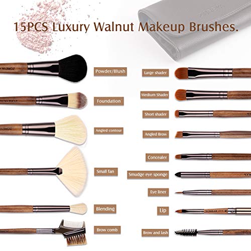 Zoreya Makeup Brush Set ,15Pcs Unique Walnut Makeup Brushes With Nobility,Professional Premium Synthetic Foundation Powder Concealers Eye Shadows Makeup Brushes Set With Perfect Vegan Leather Bag #TOP4