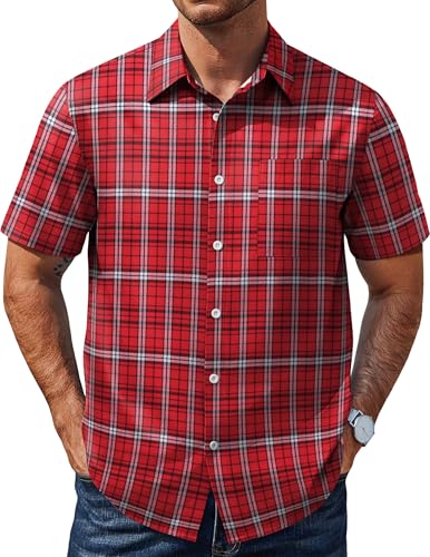COOFANDY Mens Red Plaid Shirt Short Sleeve Casual Dress Shirt Lightweight Button Down Tops Summer Fashion Shirt with Pocket